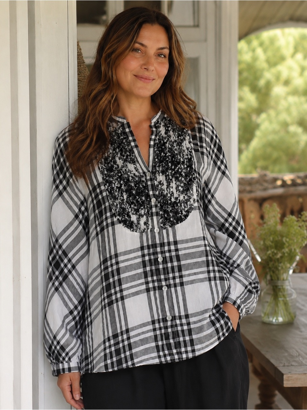 Paperwhite Womens Linen Tunic Blouse Sz 12 Black White Plaid Tuxedo Ruffle Top